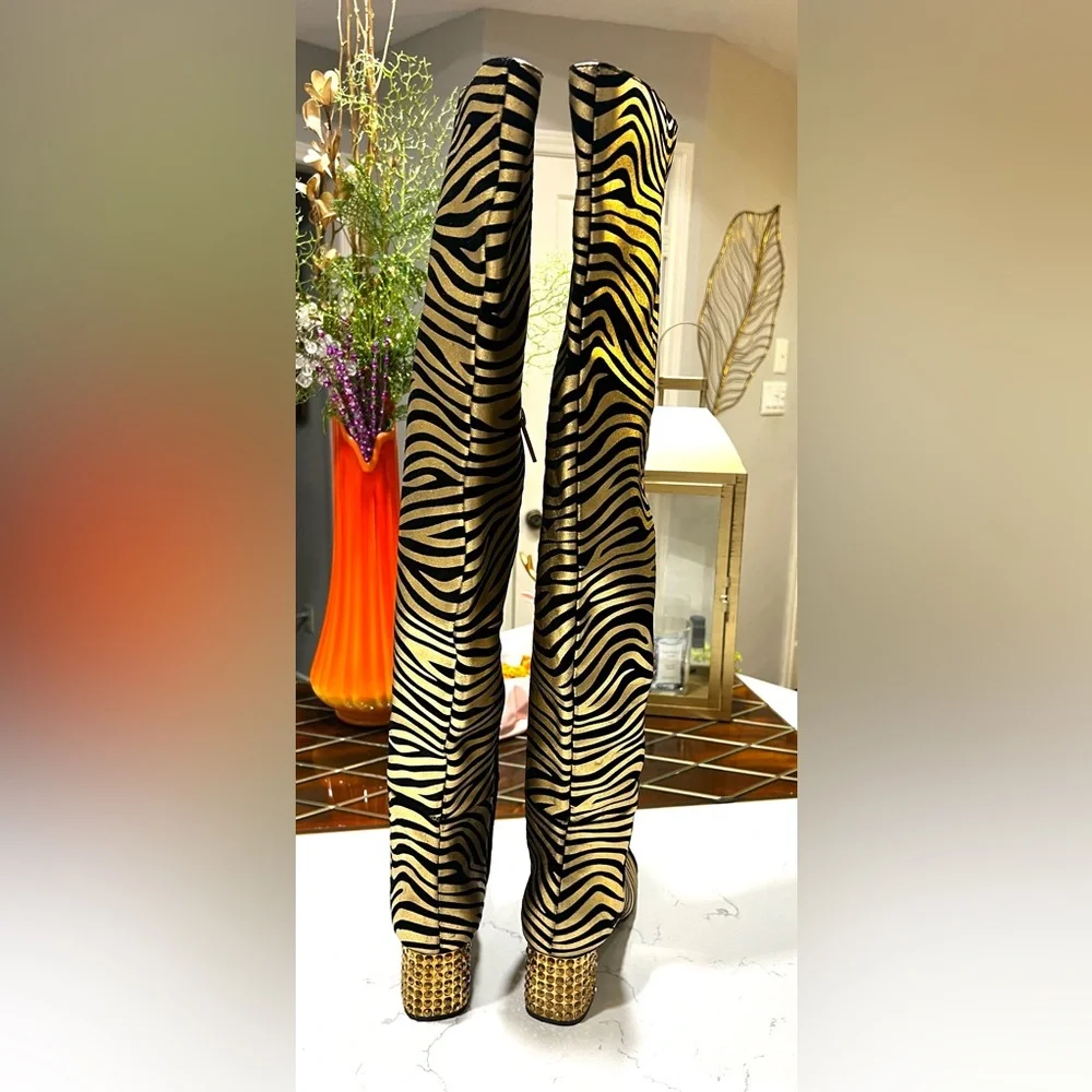 Kurt Geiger London Mayfair Zebra Metallic Gold Over The Knee OTK Boot 36.5 NWT